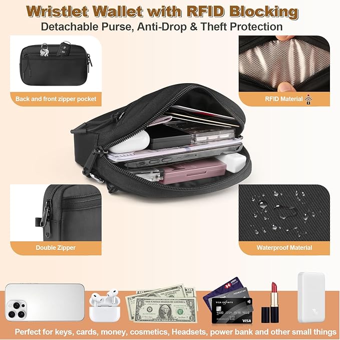 YFWE Clip and Go Strap for Phone with Wallet Crossbody, Adjustable Phone Lanyard with Detachable RFID Wristlet Wallet, Black (L)
