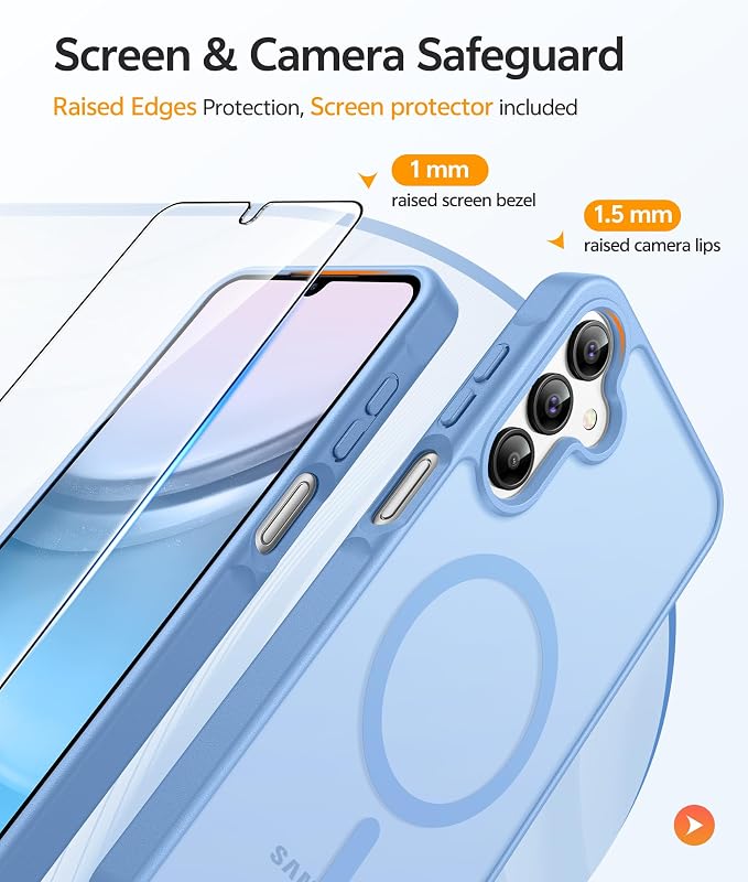 FNTCASE for Galaxy A15 5G Phone Case, Screen Protector, Light Blue | Translucent Matte Magnetic Back, 14FT Military Grade Drop Protection, Shockproof Protective, for Samsung A 15 Cover