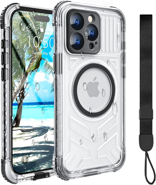 for iPhone 15 Pro Max Waterproof Case Compatible with MagSafe, Translucent Slim IP68 Underwater Built-in Screen Protector, 12FT Military Grade, 360 Full Body Protective Cover 6.7 inch Black