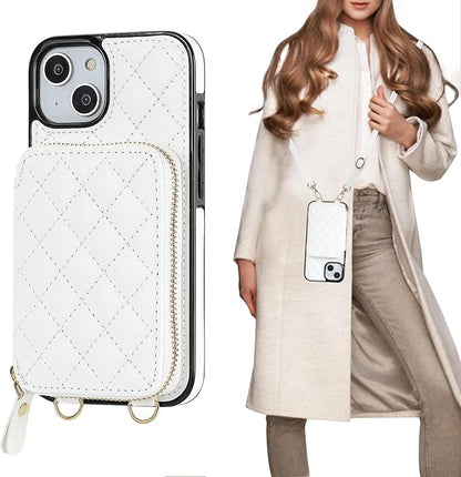 Bocasal Crossbody Wallet Case for iPhone 13, RFID Blocking PU Leather Zipper Handbag Purse Flip Cover, Kickstand Folio Case with Card Slots Holder Wrist Strap Lanyard 5G 6.1 Inch (White)