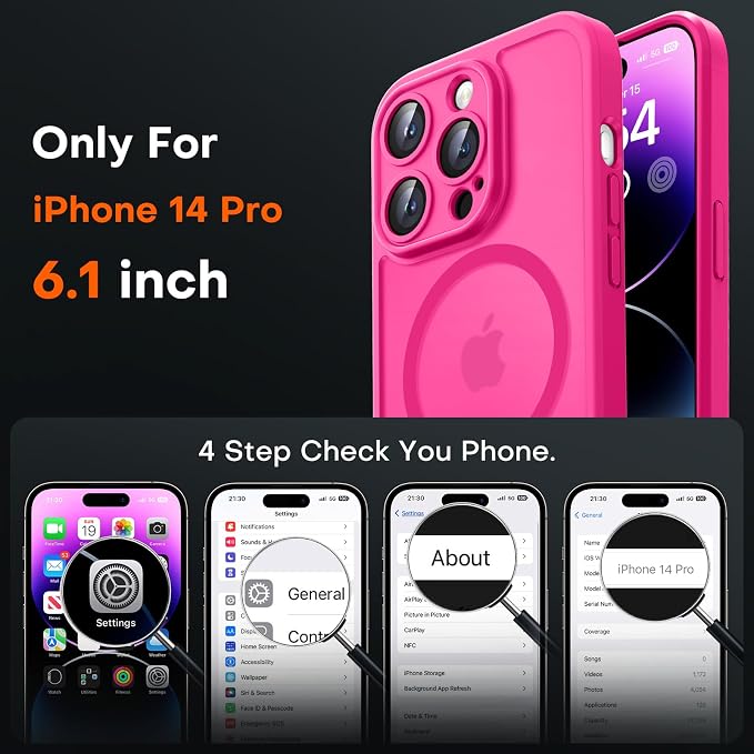 TOCOL for Phone 14 Pro Case, Compatible with Magsafe Charger, Full Camera Protection, Drop Protection, Translucent Matte Phone Case for iPhone 14 Pro 6.1 inch (Hot Pink)