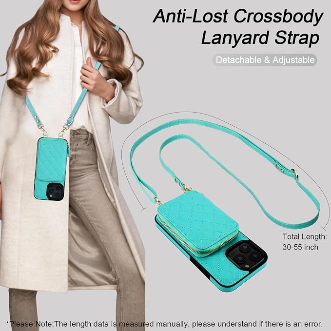 Bocasal Crossbody Wallet Case for iPhone 16 Pro Max, RFID Blocking PU Leather Zipper Handbag Purse Flip Cover, Kickstand Folio Case with Card Slots Holder Wrist Strap Lanyard 5G 6.9 Inch (Mint Green)