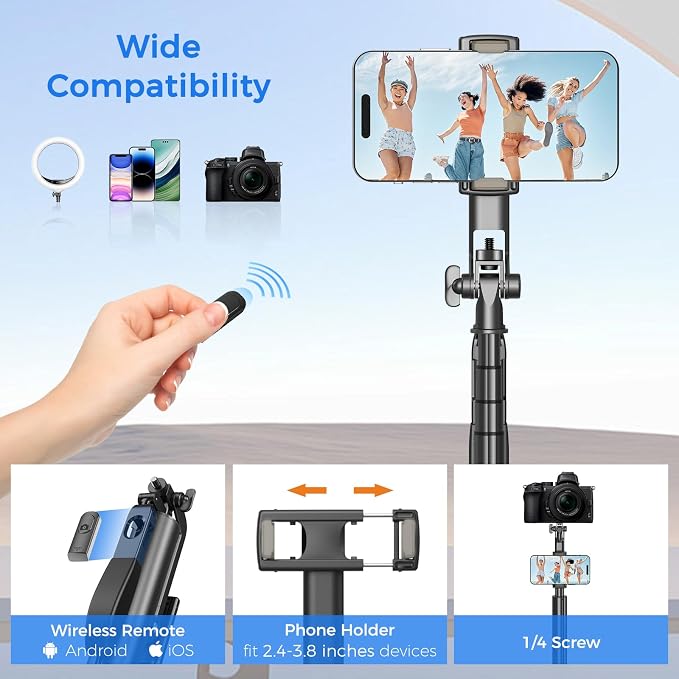 Selfie Stick Travel Tripod for Cell Phone with Remote Control and Phone Holder, Extendable Selfie Stick for iPhone, iPhone Tripod for Video Recording, 72 Inch, Black