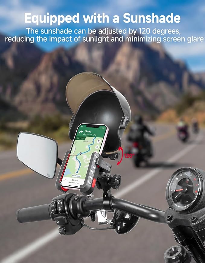 KEMIMOTO Motorcycle Phone Mount with Sun Hat, 360° Adjustable Quick Release, Anti-Vibration, Anti-Theft Phone Holder Fits 4.7"-7.2" Smartphones for Bike, ATV, Scooter, Golf Cart