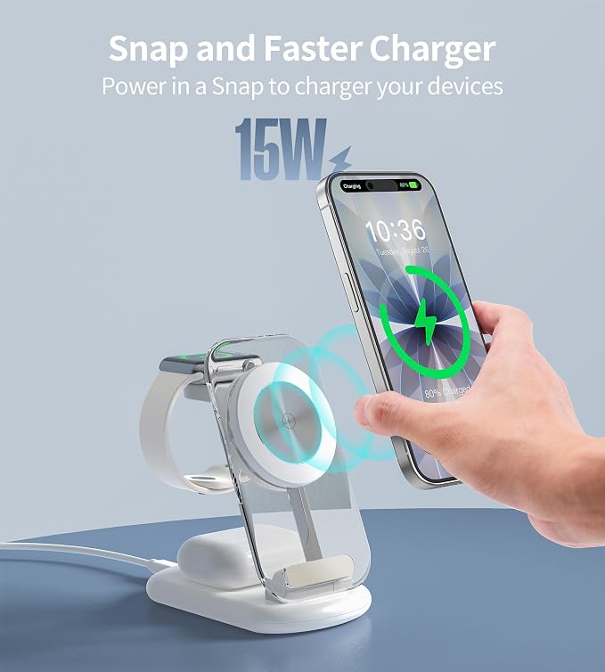 3 in 1 Magnetic Wireless Charging Station for Apple Devices, Fast Foldable Travel Mag-Safe Charger Stand with Night Light for iPhone 17 16 15 14 13 12 Series, Apple Watch/AirPods Pro-Gift for Lovers