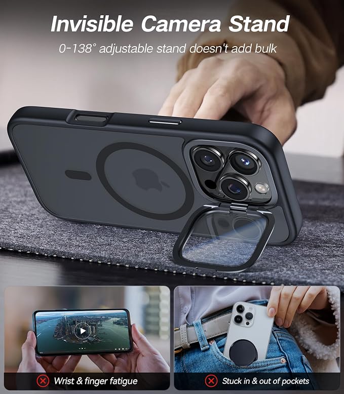 [Upgraded] for iPhone 16 Pro Max Case with Camera Cover Stand [Fit for MagSafe][9H Camera Lens Protector] Mil-Grade Protection Translucent Magnetic iPhone 16 Pro Max Phone Case, Black