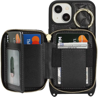 Crossbody Wallet Case for iPhone 14, PU Leather Zipper Handbag Purse Flip Cover, Kickstand Folio Case with Card Slots Holder Wrist Strap Lanyard 5G 6.1 Inch-Black