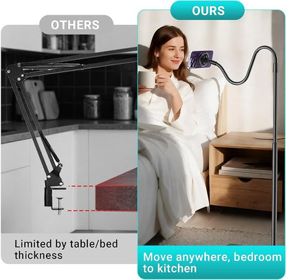 Magnetic Gooseneck Phone Holder for Bed Laying Down, Height Adjustable Bedside Floor Stand with Flexible Arm for iPhone Tiktok Scrolling, Headboard Phone Mount for Reading