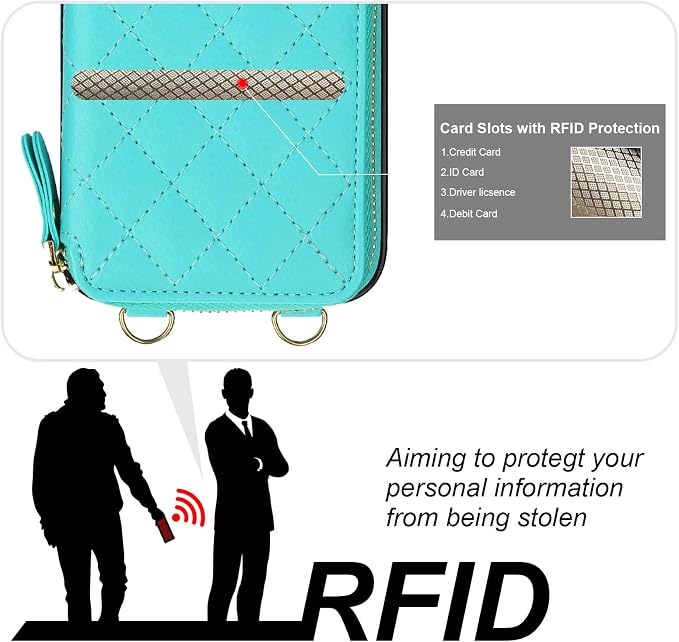 Bocasal Crossbody Wallet Case for iPhone 15 Pro Max, RFID Blocking PU Leather Zipper Handbag Purse Flip Cover, Kickstand Folio Case with Card Slots Holder Wrist Strap Lanyard 5G 6.7 Inch (Mint Green)