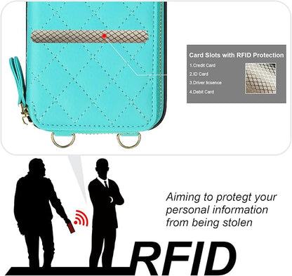 Bocasal Crossbody Wallet Case for iPhone 15 Pro Max, RFID Blocking PU Leather Zipper Handbag Purse Flip Cover, Kickstand Folio Case with Card Slots Holder Wrist Strap Lanyard 5G 6.7 Inch (Mint Green)