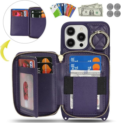 Crossbody Wallet Case for iPhone 14 Pro Max, PU Leather Zipper Handbag Purse Flip Cover, Kickstand Folio Case with Card Slots Holder Wrist Strap Lanyard 5G 6.7 Inch-Purple