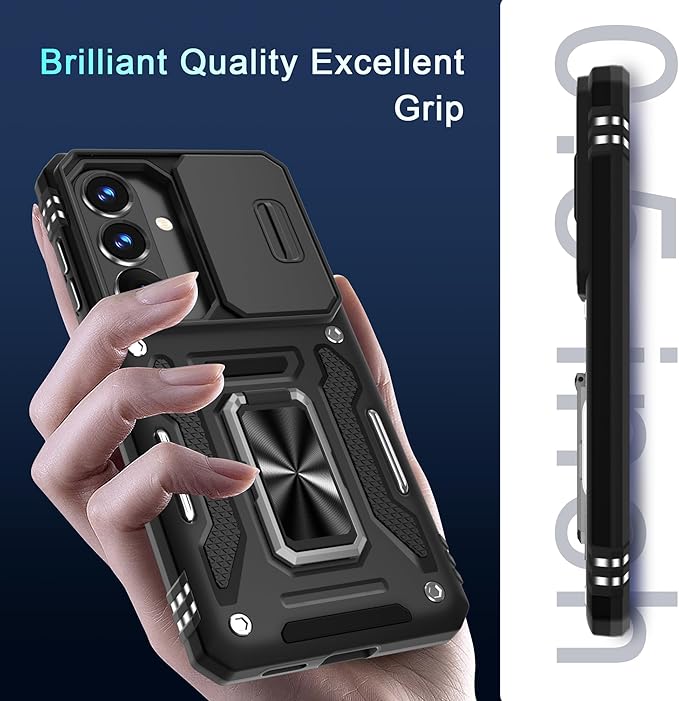 DEERLAMN Case for Samsung Galaxy S26+ Plus 6.7-Inch with Slide Camera Cover+Screen Protector(1 Pack), Rotated Ring Kickstand Military Grade Shockproof Protective Cover-Black