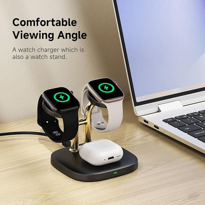 Dual Watch Charger with Fast Charging for Apple Watch, SwanScout 704A, 3-in-1 Wireless Charging Station Stand for Apple Watch Ultra 3/11/10, Wireless Charger Dock for AirPods Pro 3/4/3 (Black & Gold)