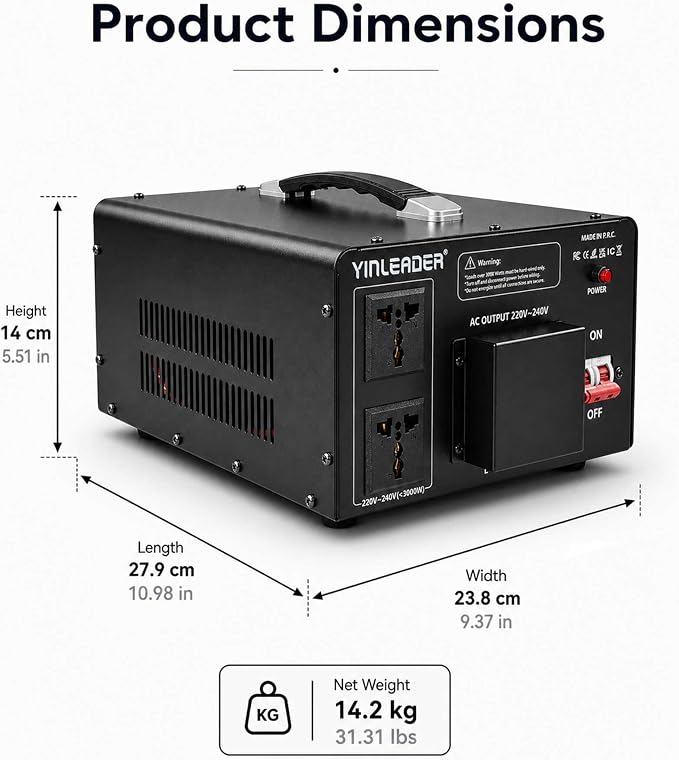 Yinleader 6000W PRO Step Up Transformer, Hardwire Connection Only AC 110-120V to 220-240V High Capacity Voltage Converter, Circuit Breaker Safe Protection for EV Charging(excludes Cable)