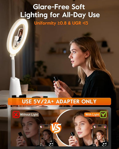 11" True-Color Desk Ring Light with Stand & Dual Phone Holders – CRI 98+ Soft Desk Selfie Light, 224 LEDs, 4 Color Modes, Touch Control for Makeup, Live Streaming, Video Recording, Zoom Calls&TikTok