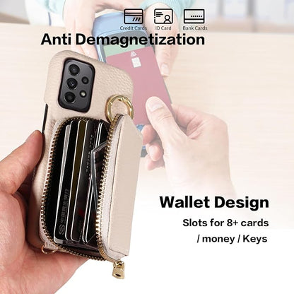 Wallet Case for Samsung Galaxy A33 5G with Shoulder Strap Ring Buckle, Luxury PU Leather Zipper Flip Organ Purse Credit Card Holder Stand Full Body Cell Phone Cover for A 33 33A Women Men White