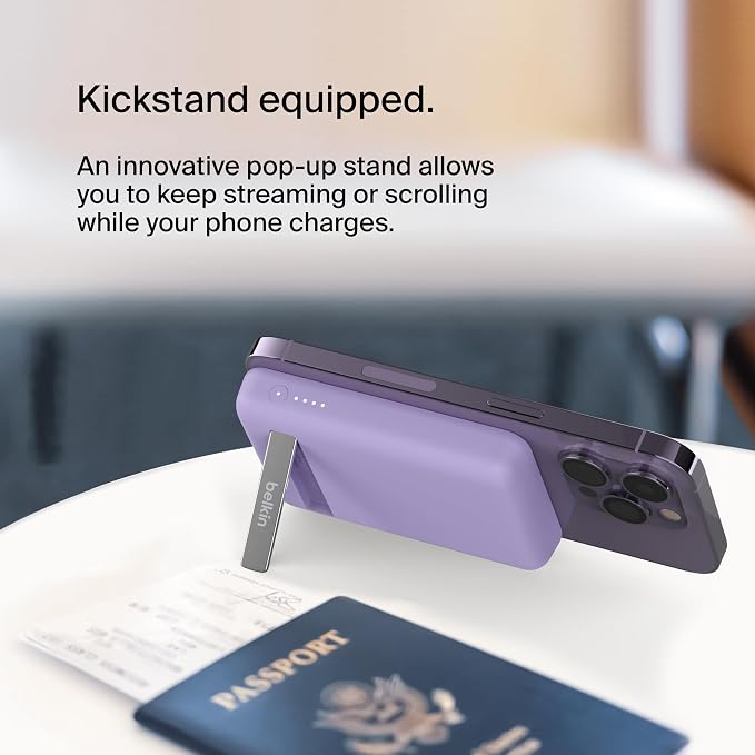Belkin Portable Charger, Wireless Power Bank 5000 mAh MagSafe Charger 7.5W, Built-in Pop-up Kickstand - iPhone 17, Air, Pro, Pro Max, iPhone 16, AirPods, Apple Watch, Google Pixel 10, etc. - Purple