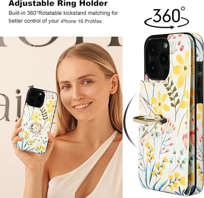 HAOPINSH for iPhone 16 Pro Max Wallet Case with Card Holder, 360°Rotation Ring Kickstand, Floral Flower Pattern, RFID Blocking Leather for Girls Women, Double Buttons Protective Cover 6.9"