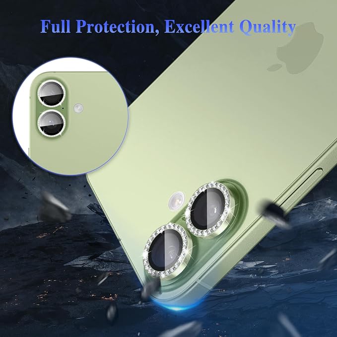 ShinKin Camera Lens Protector for iPhone 17, Glitter Camera Cover, 9H Tempered Glass Individual Metal Ring Camera Protector for iPhone 17 (Diamond - Green)