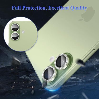 ShinKin Camera Lens Protector for iPhone 17, Glitter Camera Cover, 9H Tempered Glass Individual Metal Ring Camera Protector for iPhone 17 (Diamond - Green)