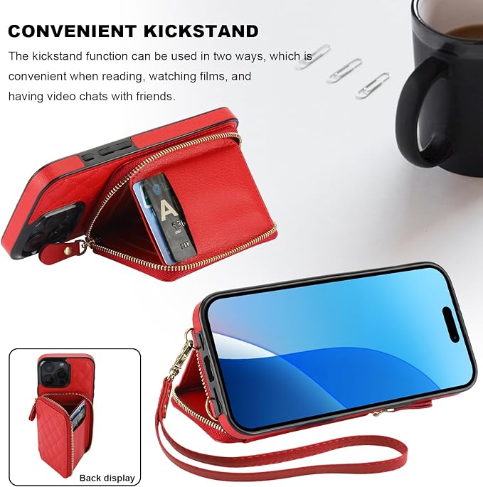 Bocasal Crossbody Wallet Case for iPhone 16 Pro Max, RFID Blocking PU Leather Zipper Handbag Purse Flip Cover, Kickstand Folio Case with Card Slots Holder Wrist Strap Lanyard 5G 6.9 Inch (Red)