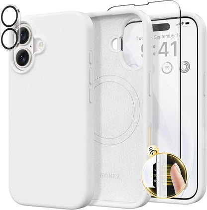 GONEZ Magnetic for iPhone 16 Case, Compatible with MagSafe, [Screen Protector + Camera Lens Protector], Liquid Silicone Shockproof Protective Phone Case for iPhone 16 6.1", White