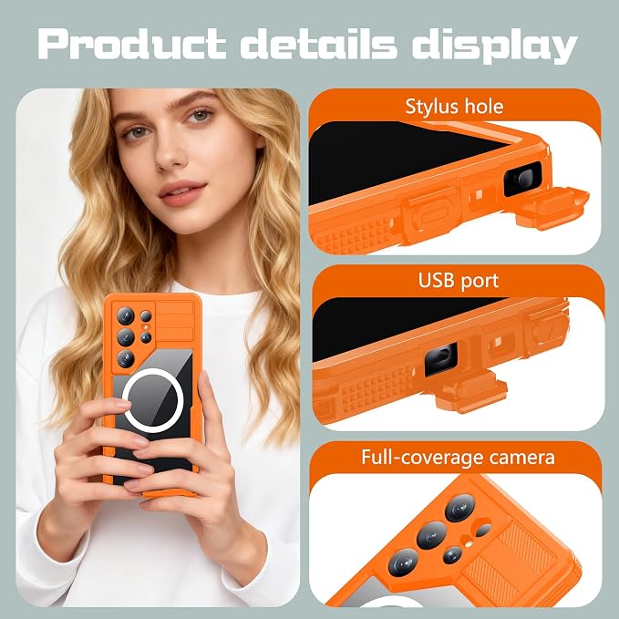Losin Compatible with Galaxy S26 Ultra Case Waterproof Magnetic [Compatible with MagSafe] [Drop Protection] [IP68 Underwater] Full Body Shockproof Protective Phone Case, Orange