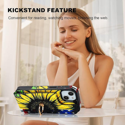 HAOPINSH for iPhone 13/ iPhone 14 Wallet Case with Card Holder, 360°Rotation Ring Kickstand, American Flag Sunflowers Pattern, RFID Blocking Leather for Girls Women, Double Buttons Flip Cover 6.1"