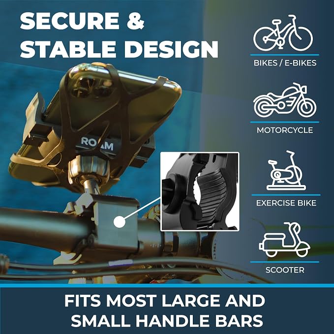 Roam Universal Black Net Bike Phone Mount Holder, 360° Rotation Hands Free Cell Navigation System for Motorcycle eBike Dirt Road Cruiser Scooter Jogging Stroller, Adjustable Up to 3.6" W x 7" L