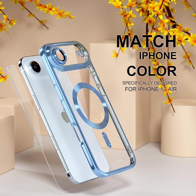 Misea Magnetic for iPhone 17 Air Case Compatible with MagSafe [Never Yellowing] [Military Grade Drop Protection] Full Camera Lens Protector Plating Soft Clear Phone Case for Women, Sky Blue