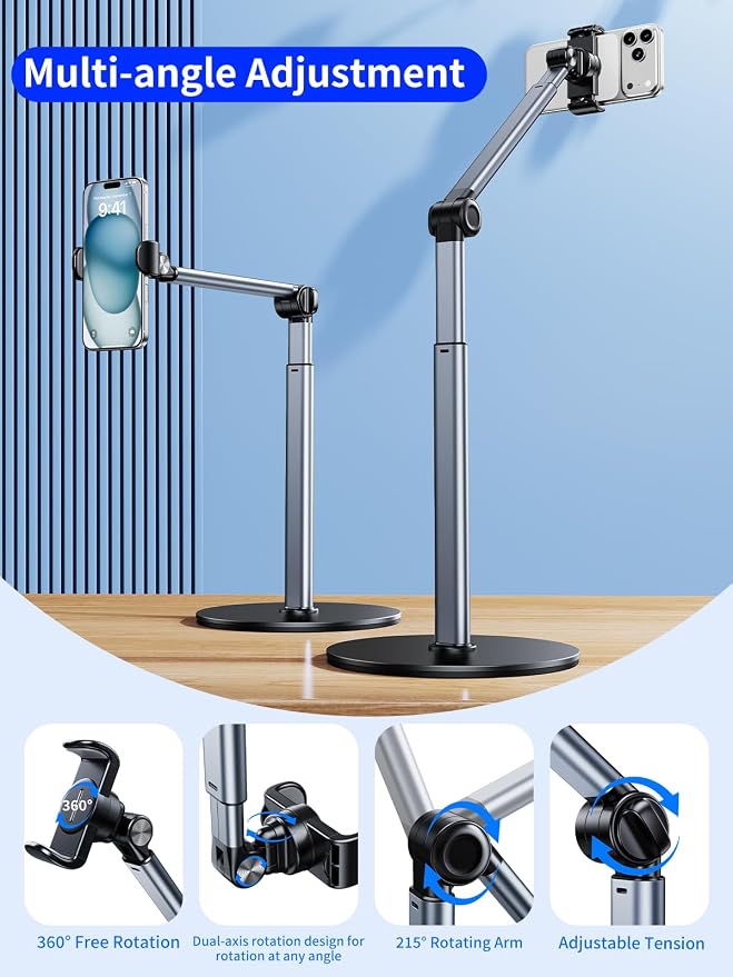 Aluminum Overhead Phone Stand for Recording,Adjustable Phone Mount for Desk,iPhone Tripod for Overhead Shots,Sturdy Holder for Cooking,Crafting,Filming,Painting – Perfect for Creators(Clip)