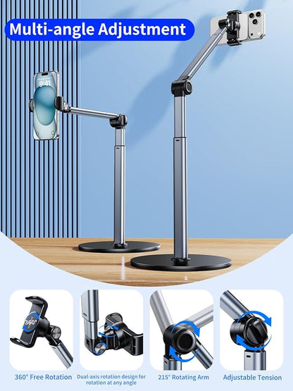 Aluminum Overhead Phone Stand for Recording,Adjustable Phone Mount for Desk,iPhone Tripod for Overhead Shots,Sturdy Holder for Cooking,Crafting,Filming,Painting – Perfect for Creators(Clip)