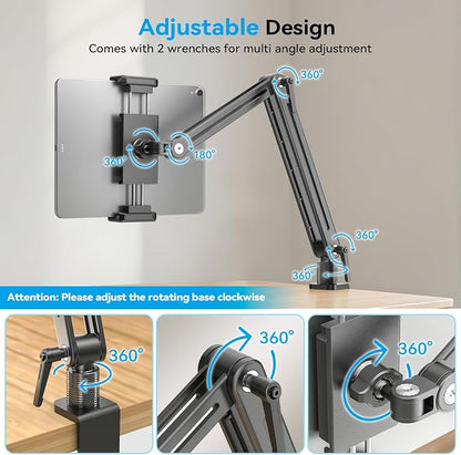 Adjustable Portable Monitor Stand 15.6" - 360° Rotating Base Tall Tablet Desk Arm Holder Stand for iPad Air/Pro/Mini Swivel Flexible Bed Clamp Mount Soporte para Tablet/Monitor Portatil/Ereader
