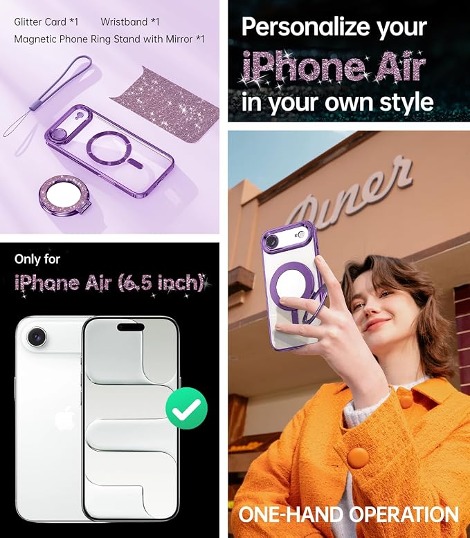 Meifigno Designed for iPhone Air Case with Ring Stand (6.5"), [Built-in Mirror] [Compatible with MagSafe] [Glitter Card & Wrist Strap] Removable Phone Stand +Designed for iPhone 17 Air Case, Purple