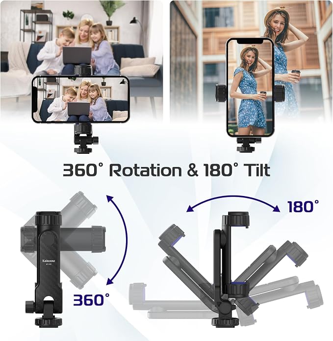Cell Phone Tripod Mount, Universal Tripod Phone Mount with 2 Cold Shoes, 360° Rotates 180° Tilts Camera Hot Shoe Phone Mount Smartphone Tripod Holder Adapter for iPhone Samsung All Phone