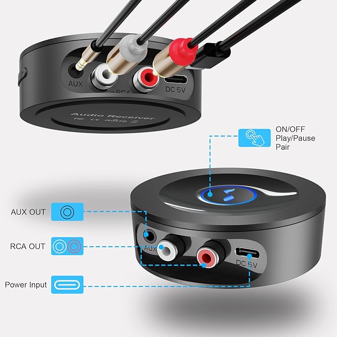 Bluetooth 5.2 Receiver for Home Stereo, RCA & 3.5mm AUX Out Put, Wireless Audio Adapter for Stereo Receiver&Amplifier, Low Latency HiFi Music Streaming
