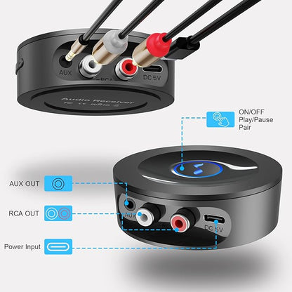 Bluetooth 5.2 Receiver for Home Stereo, RCA & 3.5mm AUX Out Put, Wireless Audio Adapter for Stereo Receiver&Amplifier, Low Latency HiFi Music Streaming
