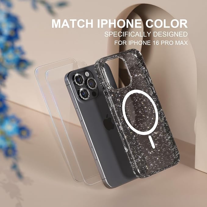 Choiche for iPhone 16 Pro Max Case Magnetic, Women Clear Glitter Bling Sparkly Case, [3xDiamond Camera Lens Protectors] [2xTempered Glass Screen Protectors] [Compatible MagSafe] 6.9"(Glitter Black)