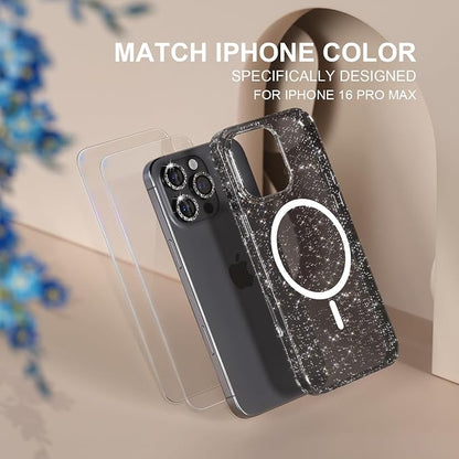 Choiche for iPhone 16 Pro Max Case Magnetic, Women Clear Glitter Bling Sparkly Case, [3xDiamond Camera Lens Protectors] [2xTempered Glass Screen Protectors] [Compatible MagSafe] 6.9"(Glitter Black)