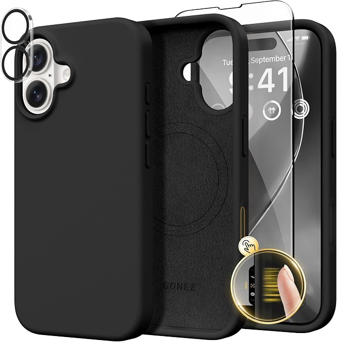 GONEZ Magnetic for iPhone 16 Case, Compatible with MagSafe, [Screen Protector + Camera Lens Protector], Liquid Silicone Shockproof Protective Phone Case for iPhone 16 6.1", Black