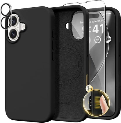 GONEZ Magnetic for iPhone 16 Case, Compatible with MagSafe, [Screen Protector + Camera Lens Protector], Liquid Silicone Shockproof Protective Phone Case for iPhone 16 6.1", Black