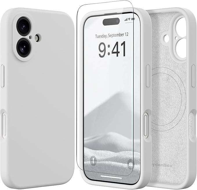 Magnetic for iPhone 16 Plus Case, Compatible with MagSafe, [Full Camera Protection][Screen Protector] Silicone Shockproof Protective Phone Case for iPhone 16 Plus 6.7", White