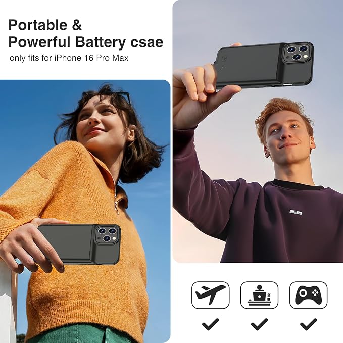 GIN FOXI Battery Case for iPhone 16 Pro Max,Charging Case Charger 8500mAh Rechargeable Case Ultra-Slim Lightweight 15W Fast Battery Pack Anti-Fall TPU Juice Box for 16 Pro Max (6.9 inch) Black