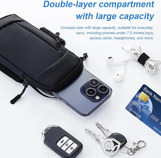 Cell Phone Crossbody Bag with Arm Band, Waterproof Phone Holder Pouch Fits iPhone & Android up to 7'', Small Sling Shoulder Purse for Running, Hiking, Travel, Workout (Black)