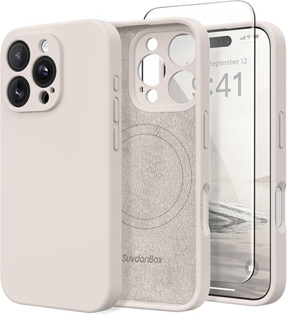 Magnetic for iPhone 16 Pro Max Case, Compatible with MagSafe, [Full Camera Protection][Screen Protector] Silicone Shockproof Protective Phone Case for iPhone 16 Pro Max 6.9", Stone