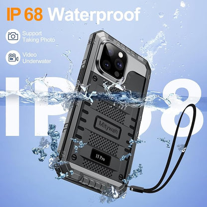 Mitywah Waterproof Case for iPhone 15 Pro, Heavy Duty Shockproof Case with Built-in Screen Protector, Full Body Underwater Protective Metal Case 6.1 inch, Black