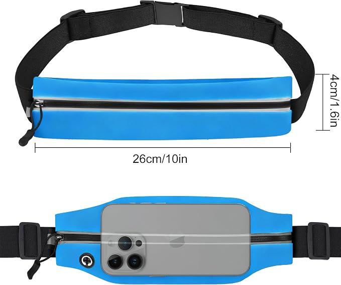 Slim Running Belt For Men and Women Waist Fanny Pack Phone Holder Pouch Bag Reflective Zipper Pocket Workout Cycling Fitness Bright Blue