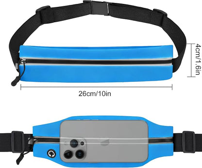 Slim Running Belt For Men and Women Waist Fanny Pack Phone Holder Pouch Bag Reflective Zipper Pocket Workout Cycling Fitness Bright Blue