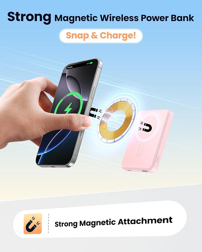 for Magsafe Portable Charger Power Bank, 12000mAh Magnetic Power Bank with 15W Wireless & 20W USB C Fast Charging, Ultra-Slim Battery Pack for iPhone 17/16/15/14/13/12 Series, Travel Essential (Pink)
