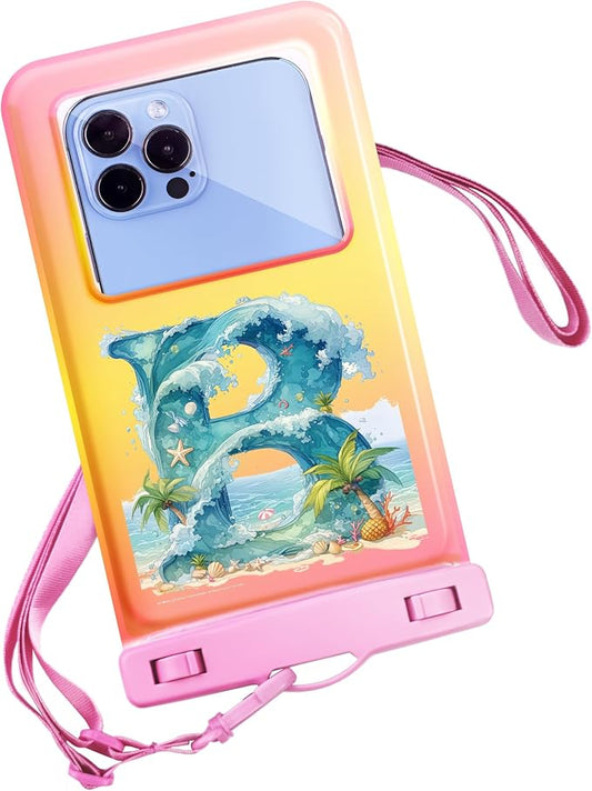 Personalized Initial Waterproof Phone Pouch Case - IPX8 Cellphone Dry Bag with Lanyard for iPhone 16/15/14/13/12 Pro Max (6.1–6.9"), Beach & Cruise Ship Essentials with Monogrammed Design (Pink, B)